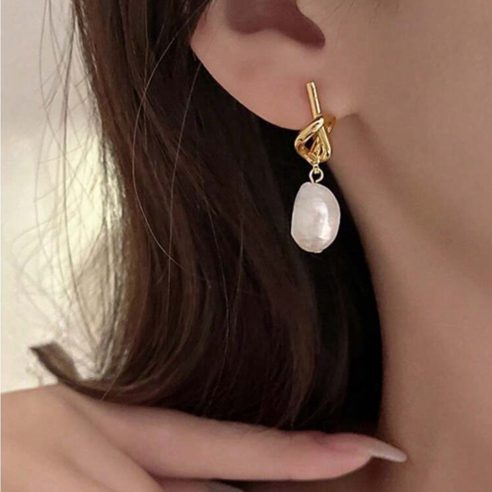 Gold and White Pearl Drop Earrings - Picture 5 of 5